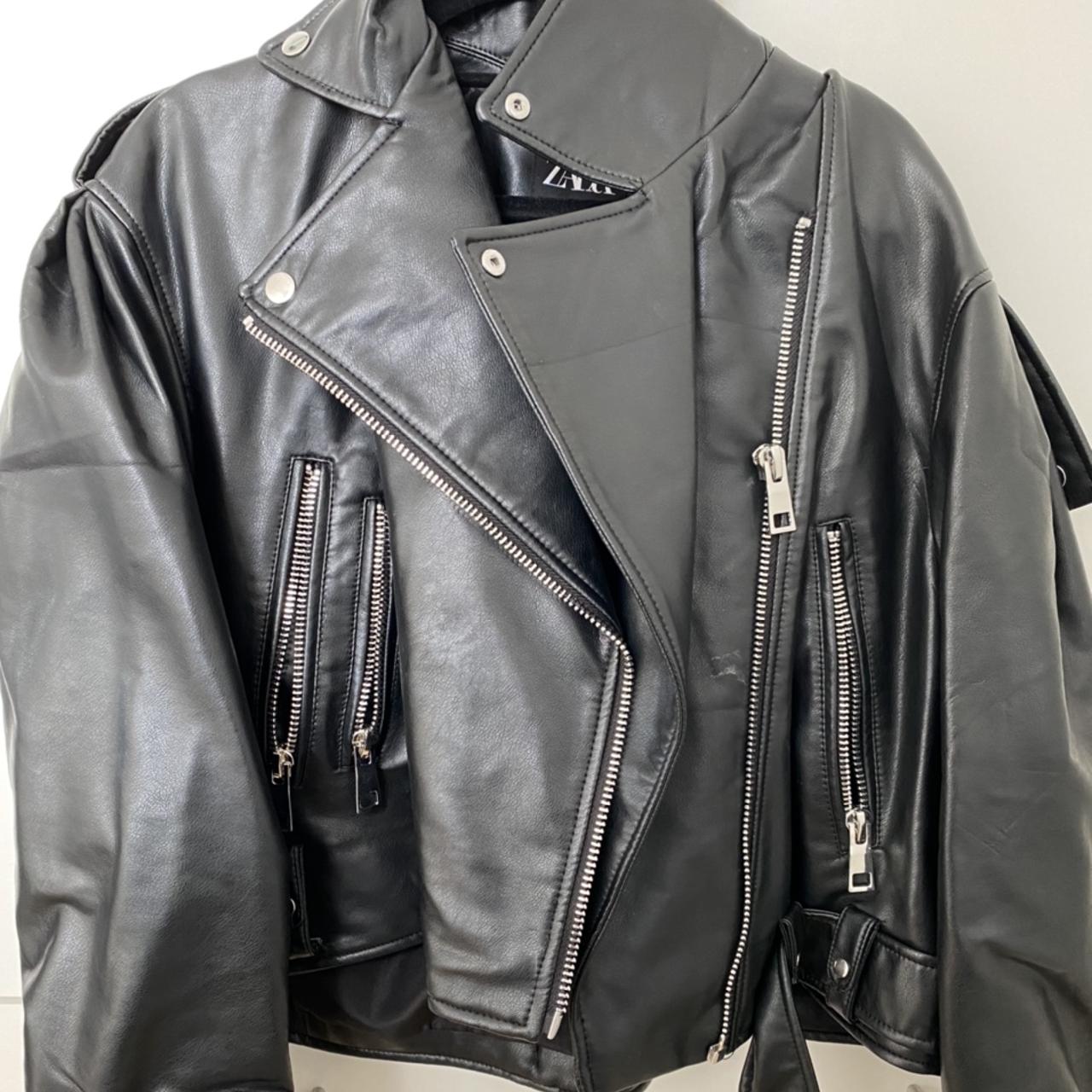 Zara black faux leather jacket originally $100 worn... - Depop