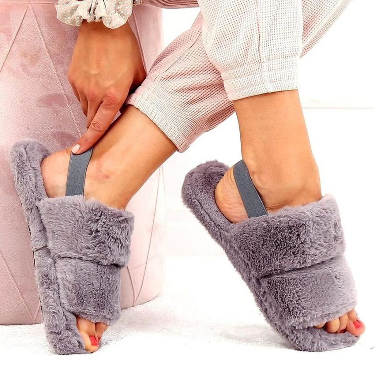 Grey fluffy sliders grey fluffy slippers house Depop