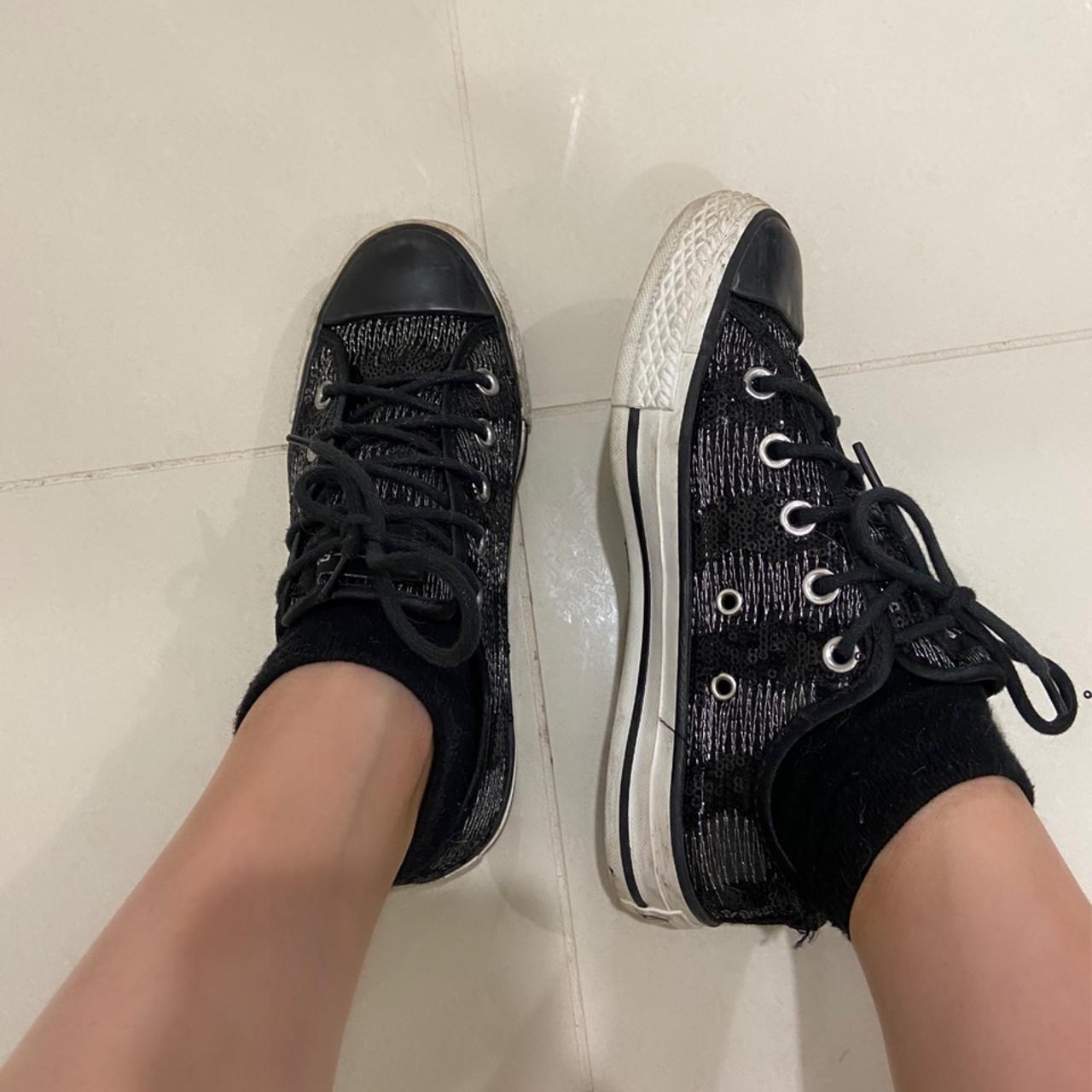 Converse Women's Black and Silver Trainers | Depop