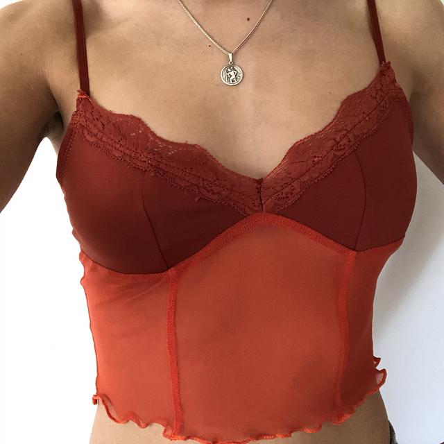 Sheer glittery mesh cami top with lace detail, size - Depop