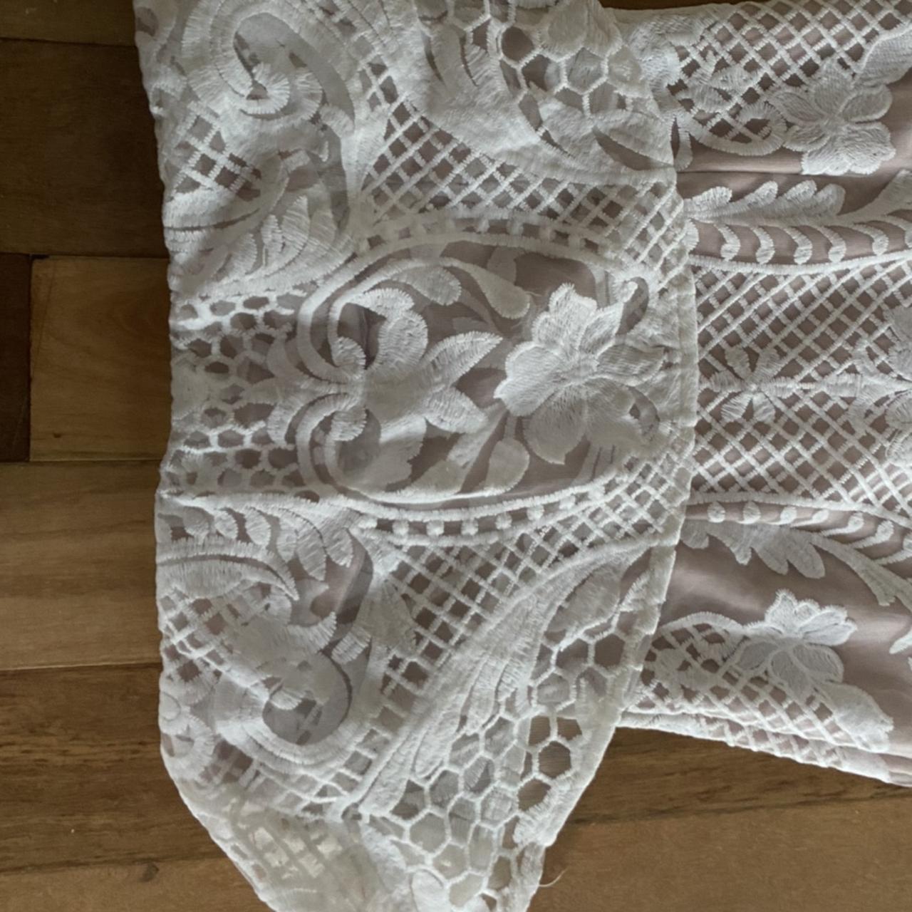 White lace strapless midi dress with tan underlay.... - Depop