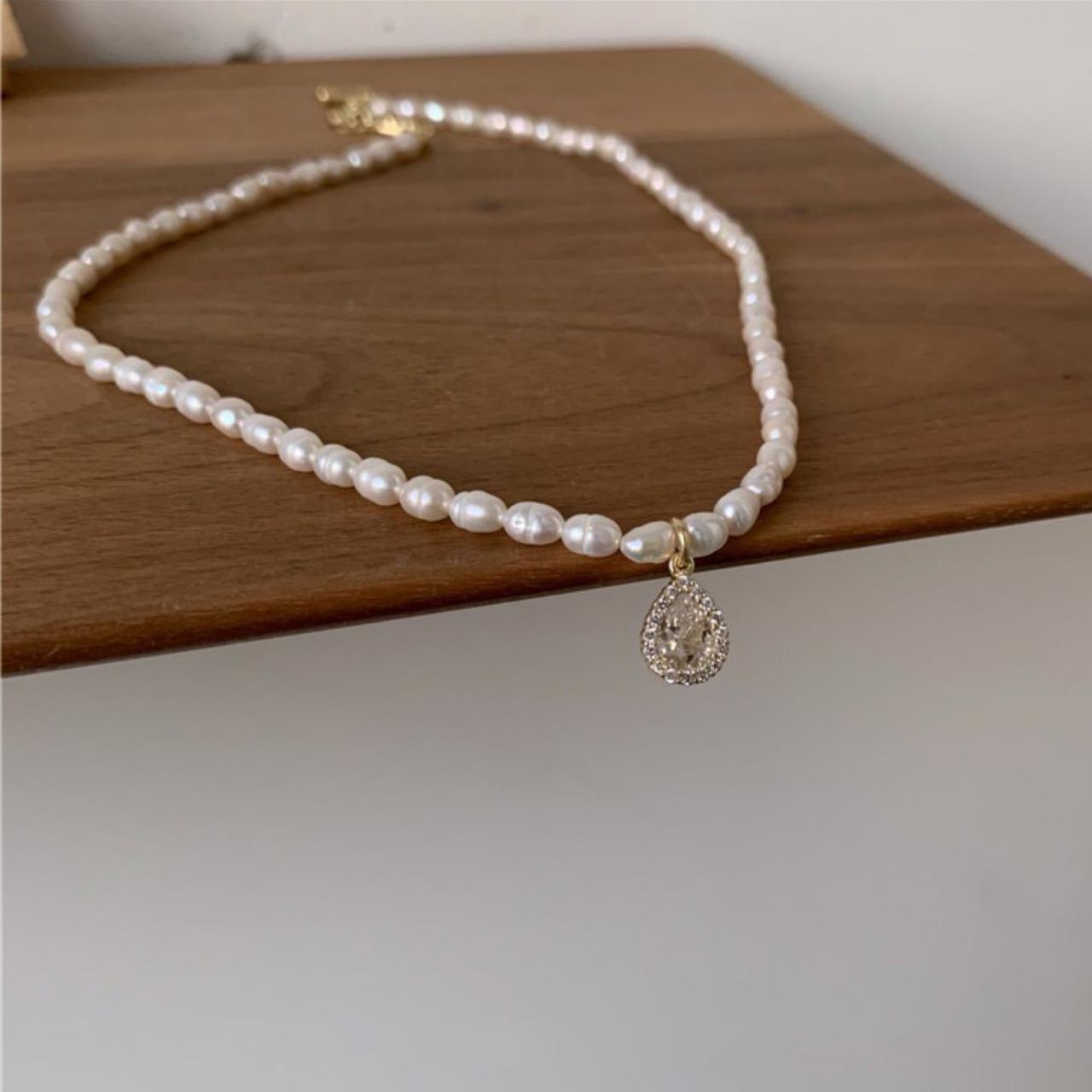 💜 Audrey Freshwater Pearl Crystal Raindrop Necklace... - Depop