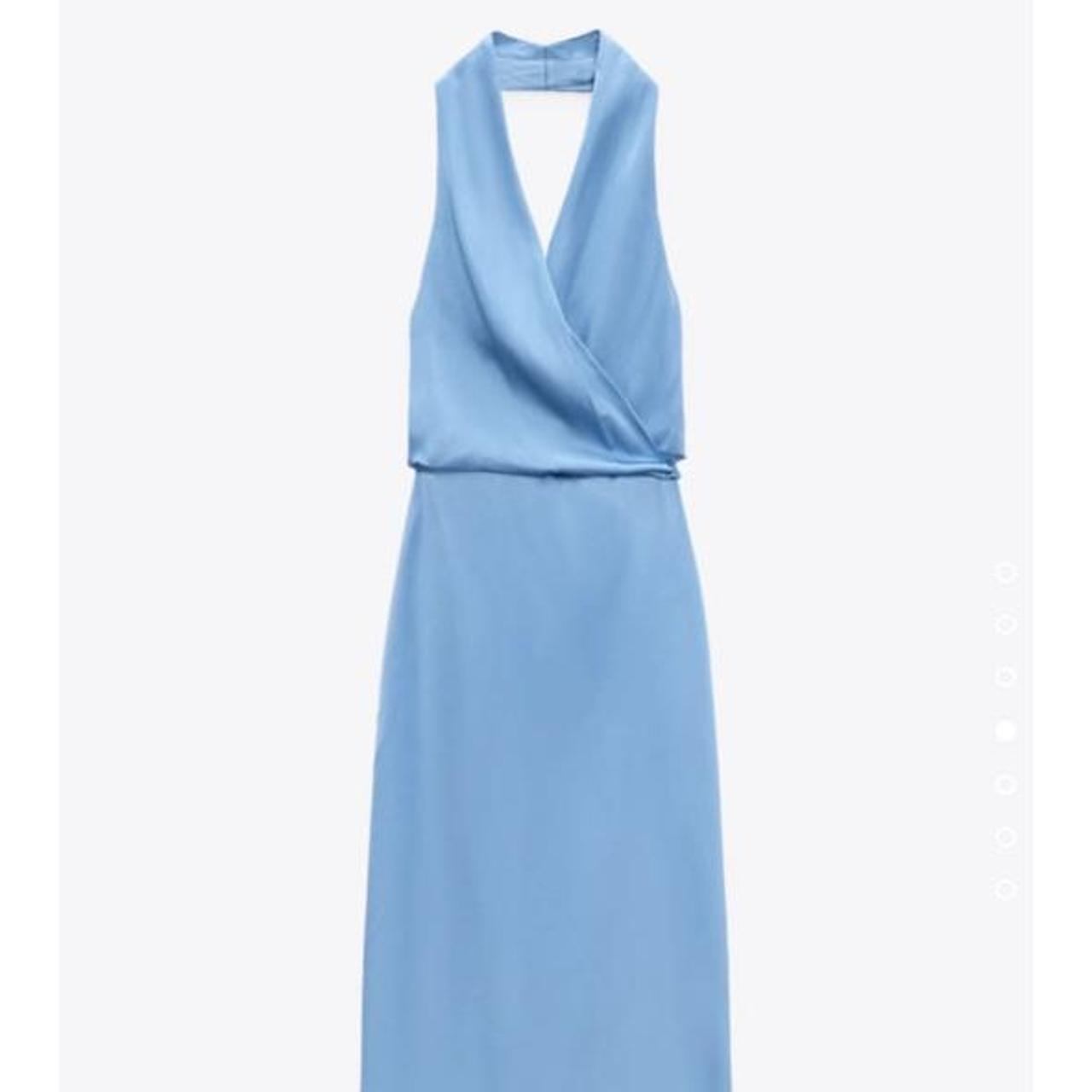 Zara blue halter neck maxi dress with rear slit size... Depop