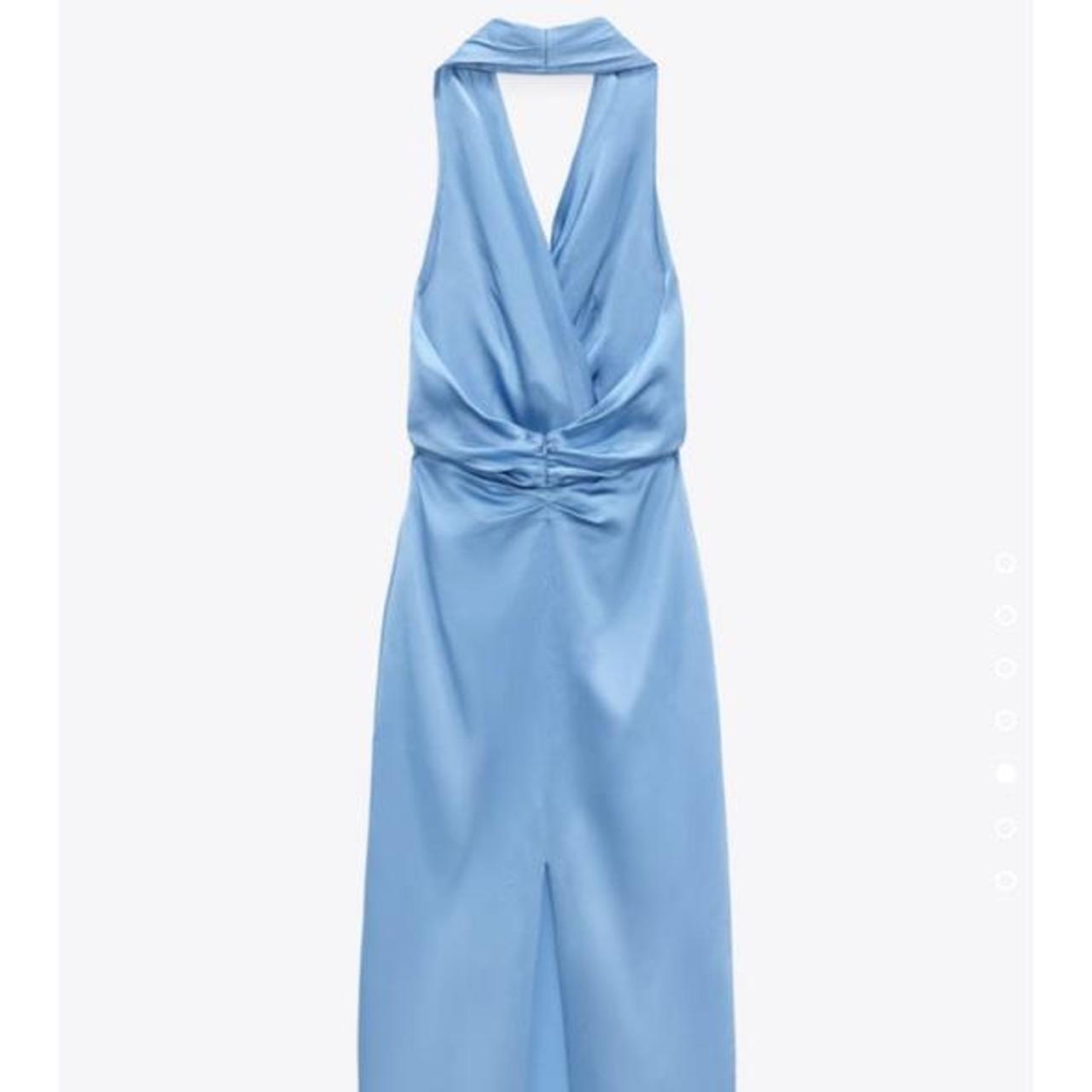 Zara blue halter neck maxi dress with rear slit size... Depop