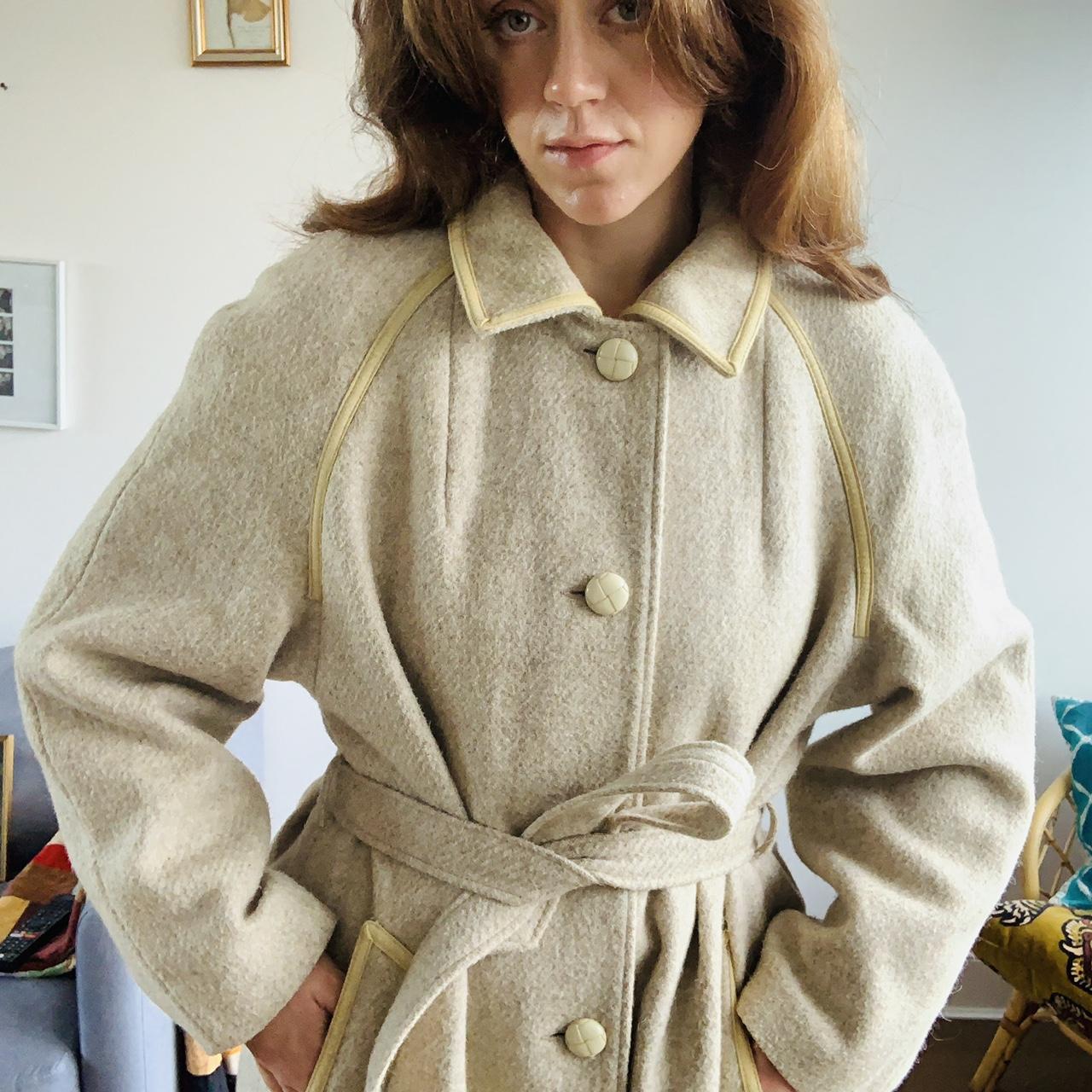 Vintage lambs wool cream coat with yellow piping... Depop