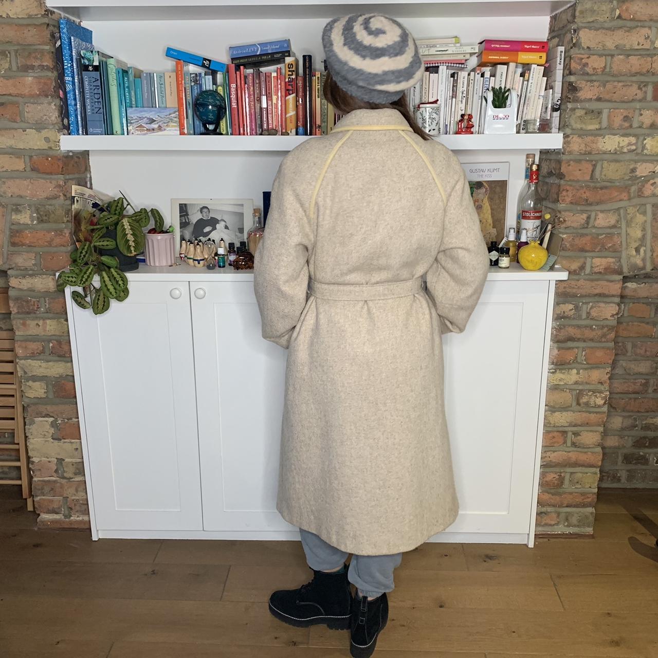Vintage lambs wool cream coat with yellow piping... Depop