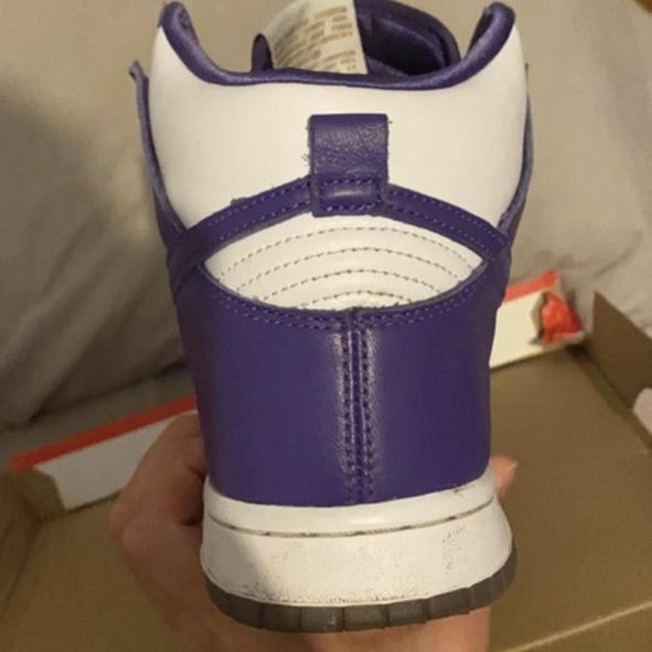 High purple and white Nike dunks, worn but looked... - Depop