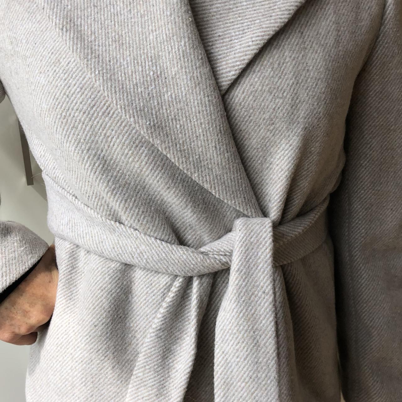 100% wool wrap jacket in beige with grey stripes.... - Depop