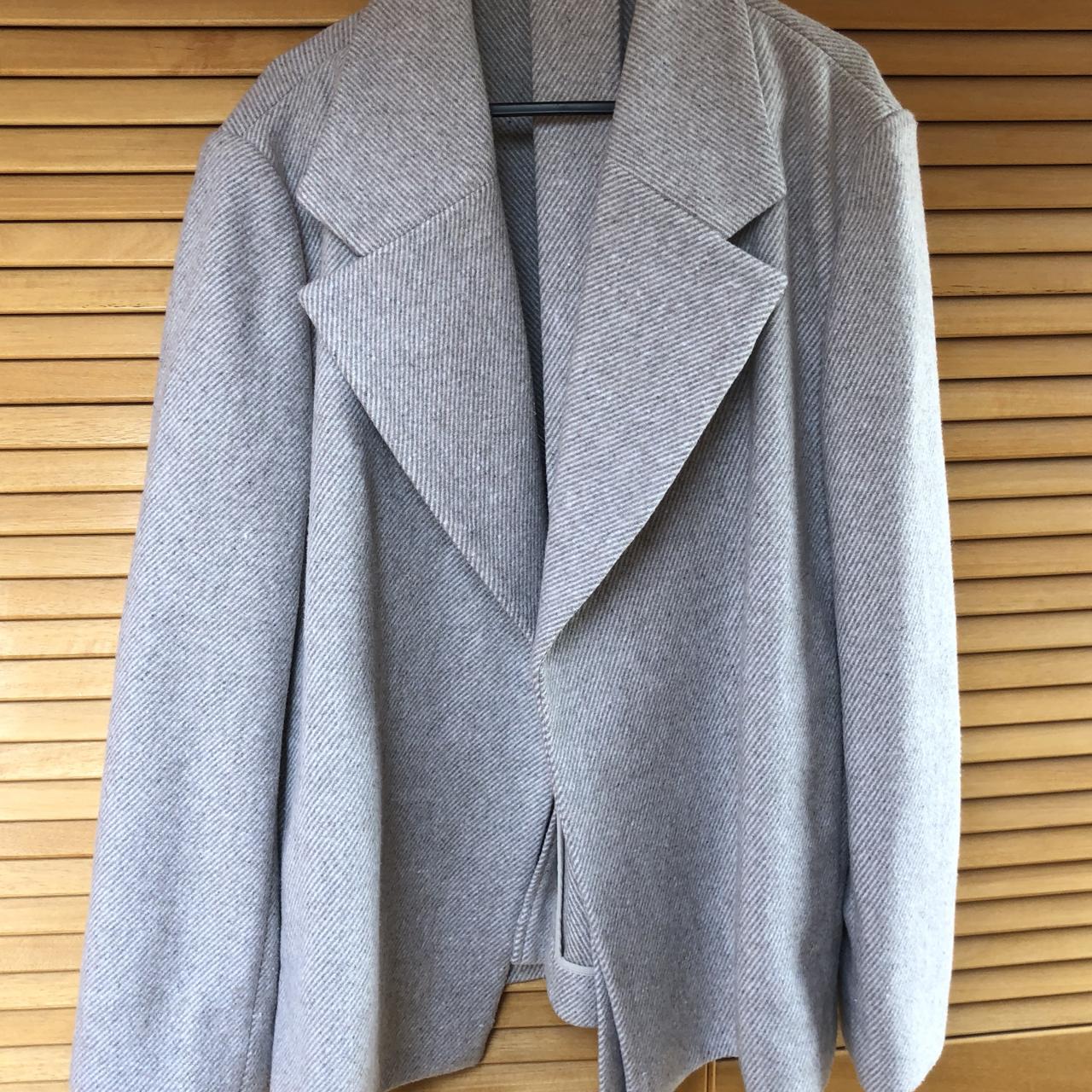 100% wool wrap jacket in beige with grey stripes.... - Depop