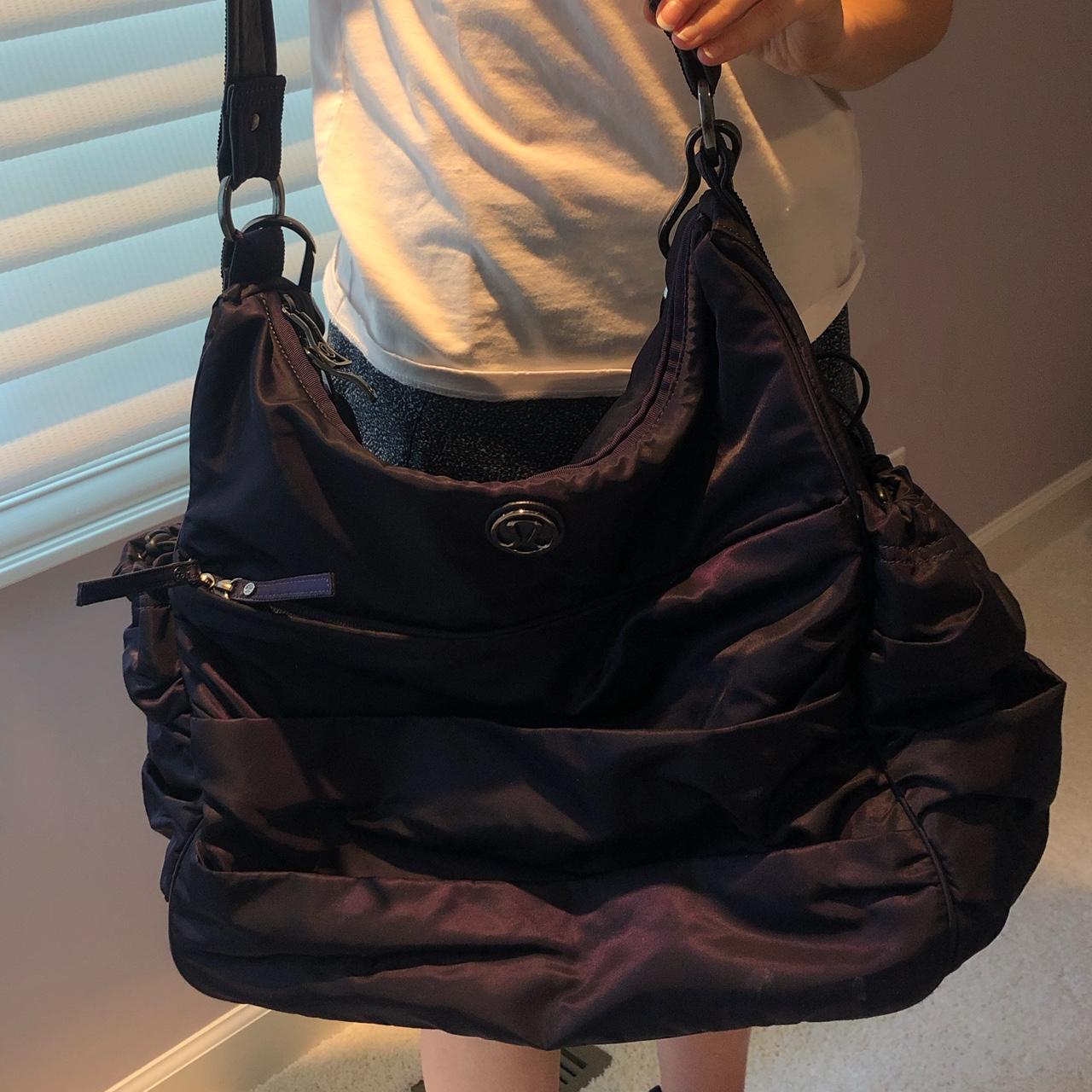 Medium-large Lulu Lemon dark-purple and white tote - Depop