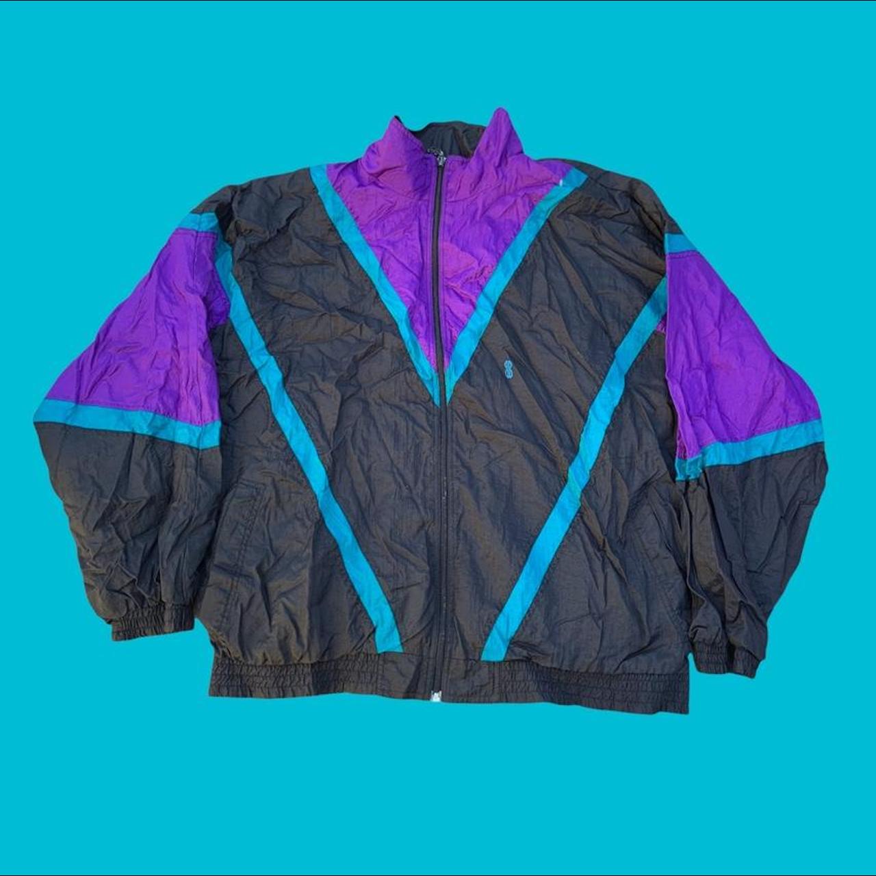 90s retro teal windbreaker track jacket abstract... Depop