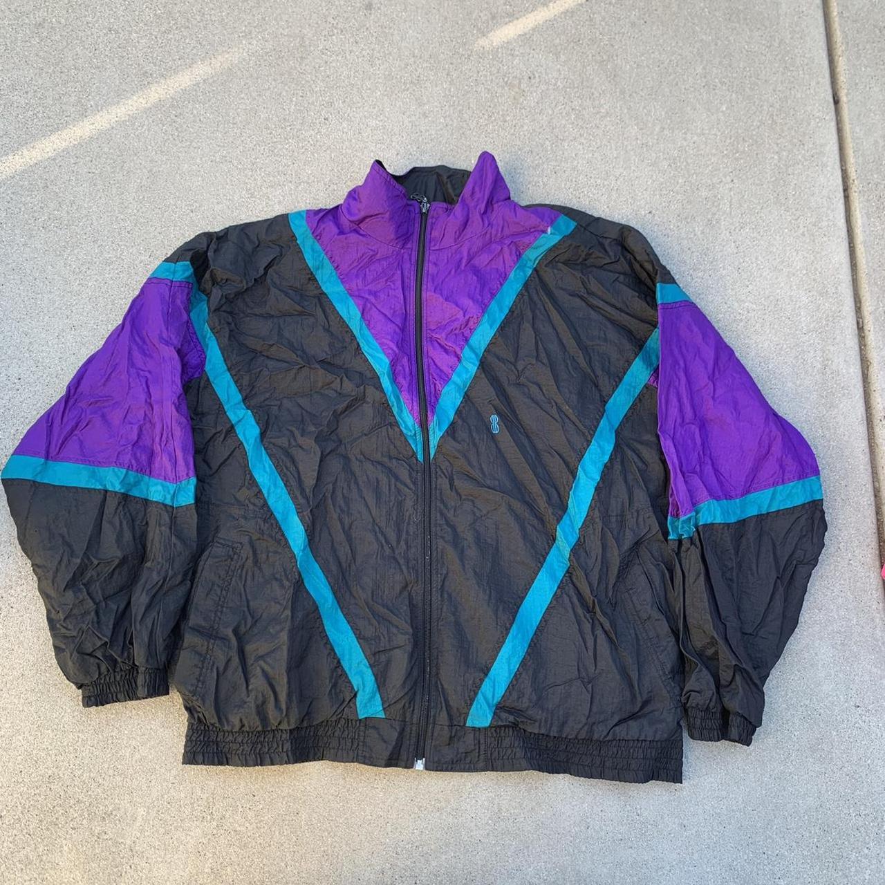 90s retro teal windbreaker track jacket abstract... - Depop