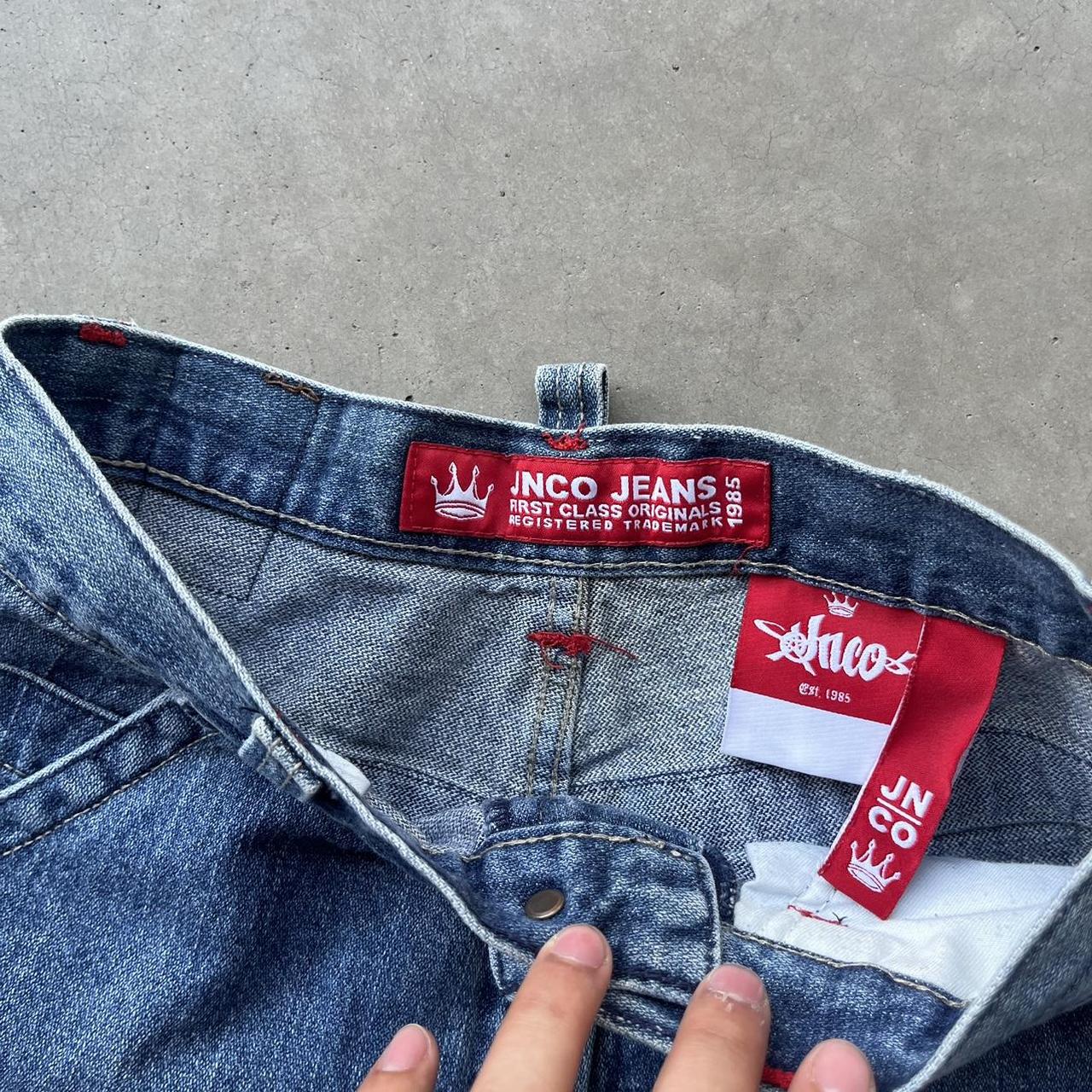 jnco jeans shorts beautiful denim with a light blue... - Depop