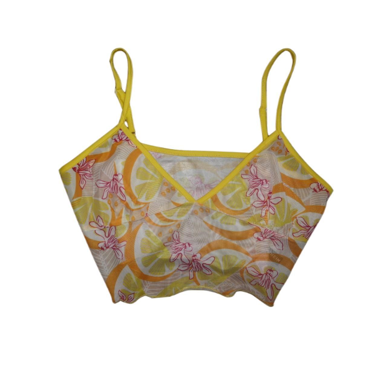 🍋Yellow v-neck mesh cami top with floralfruit - Depop