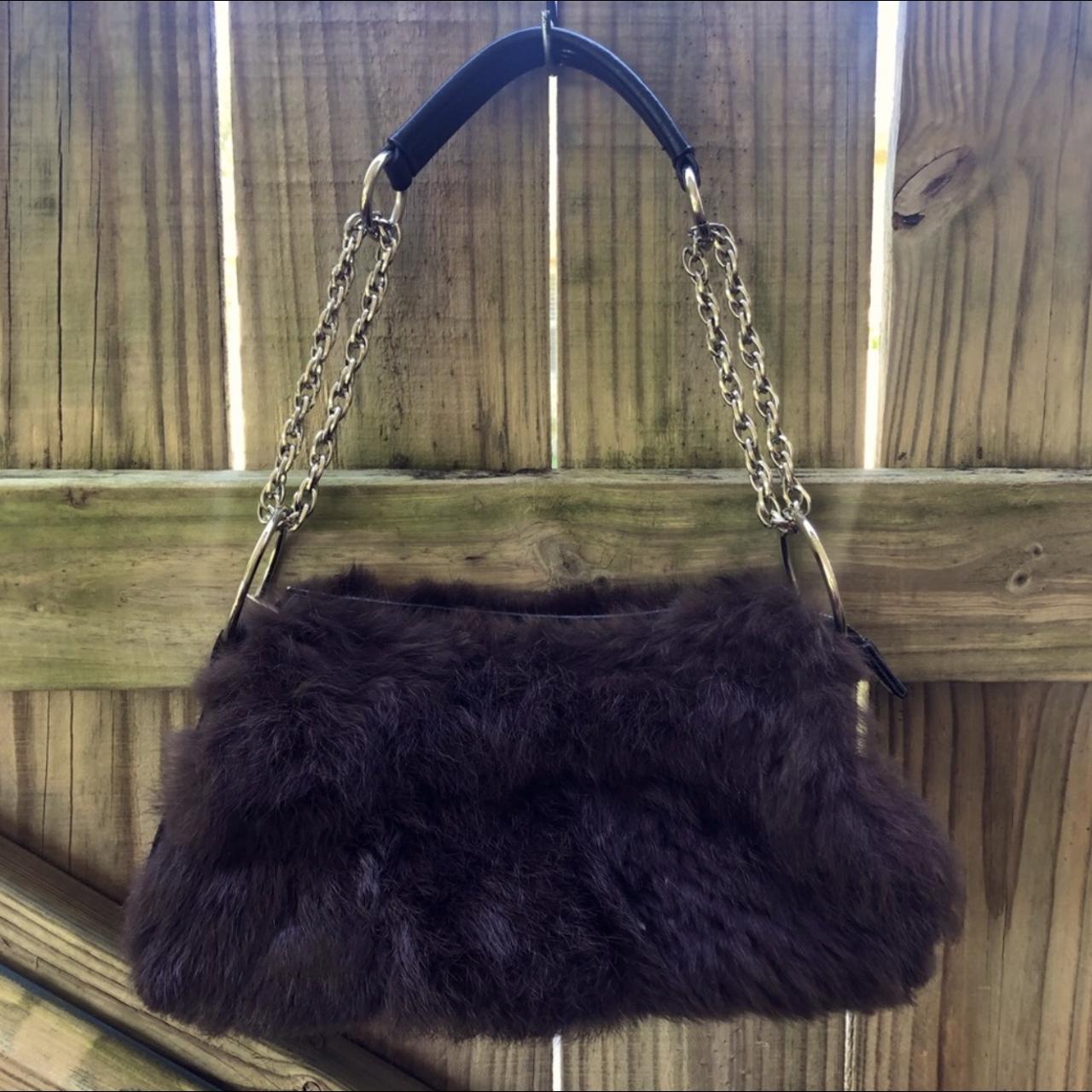 Dark Brown Rabbit Fur & Contrasting Black Leather... - Depop