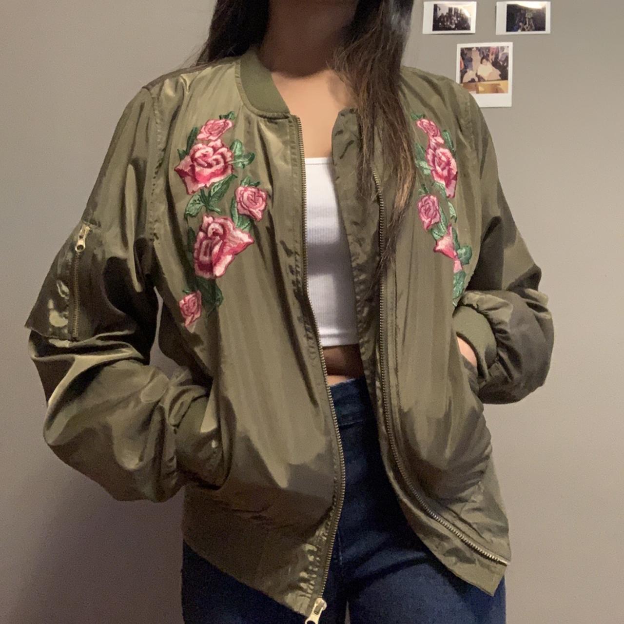 F21 Army Green Bomber Jacket Flower print on Depop