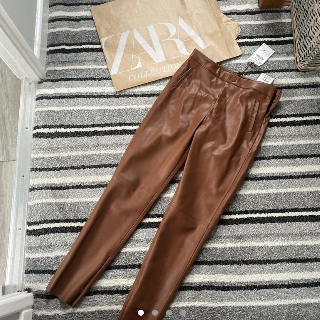 Zara brown faux leather trousers. Size medium Comes - Depop
