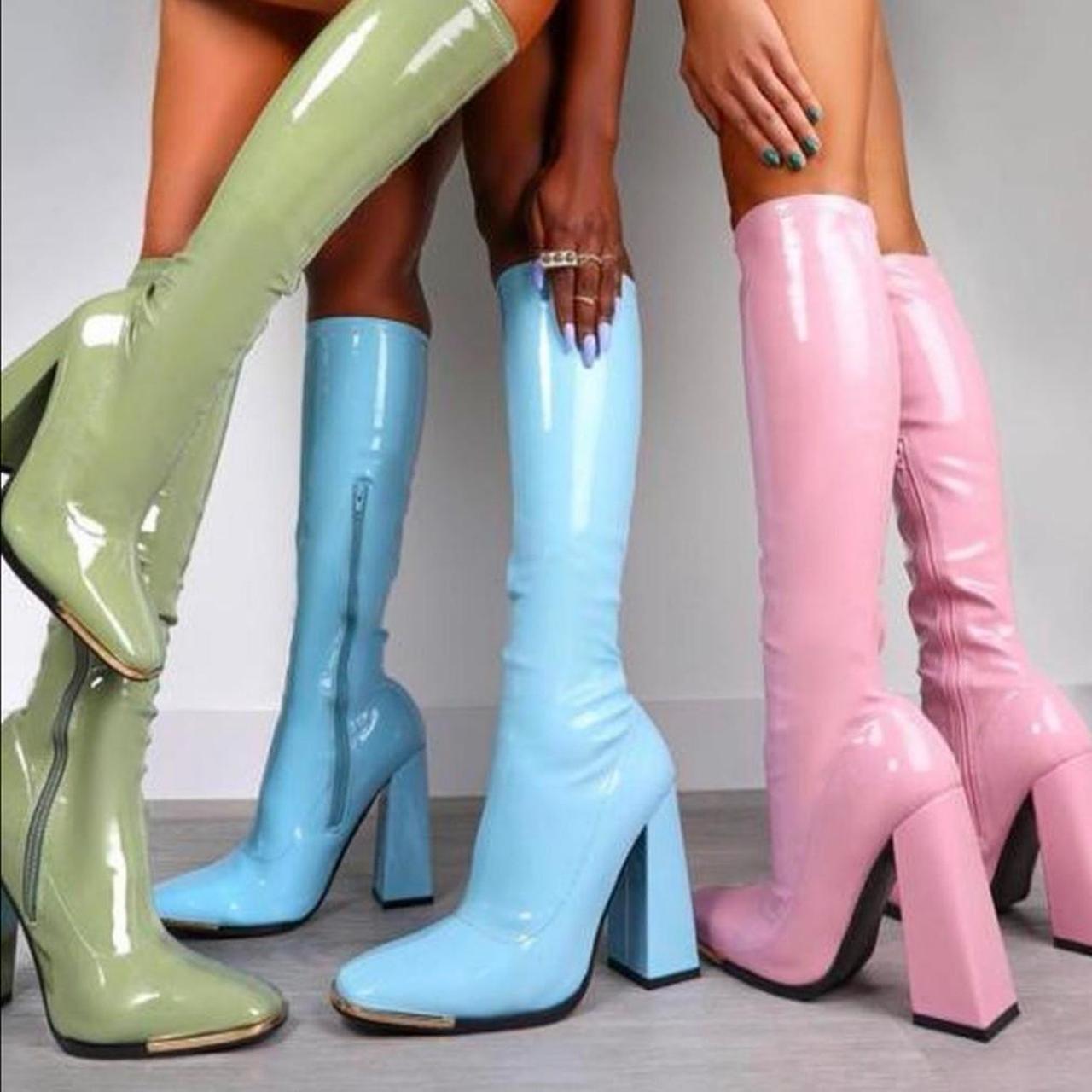 Patent baby blue knee high boots 