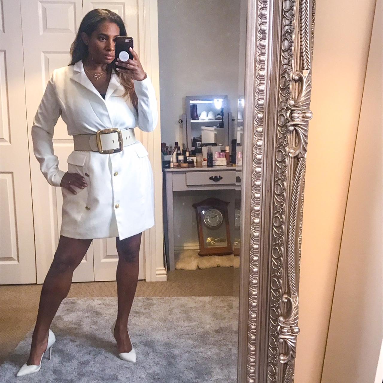 White tuxedo blazer dress with gold button detail