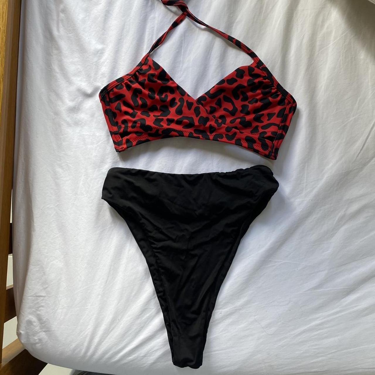 Animal Print Cheeky red and black bikini set... - Depop