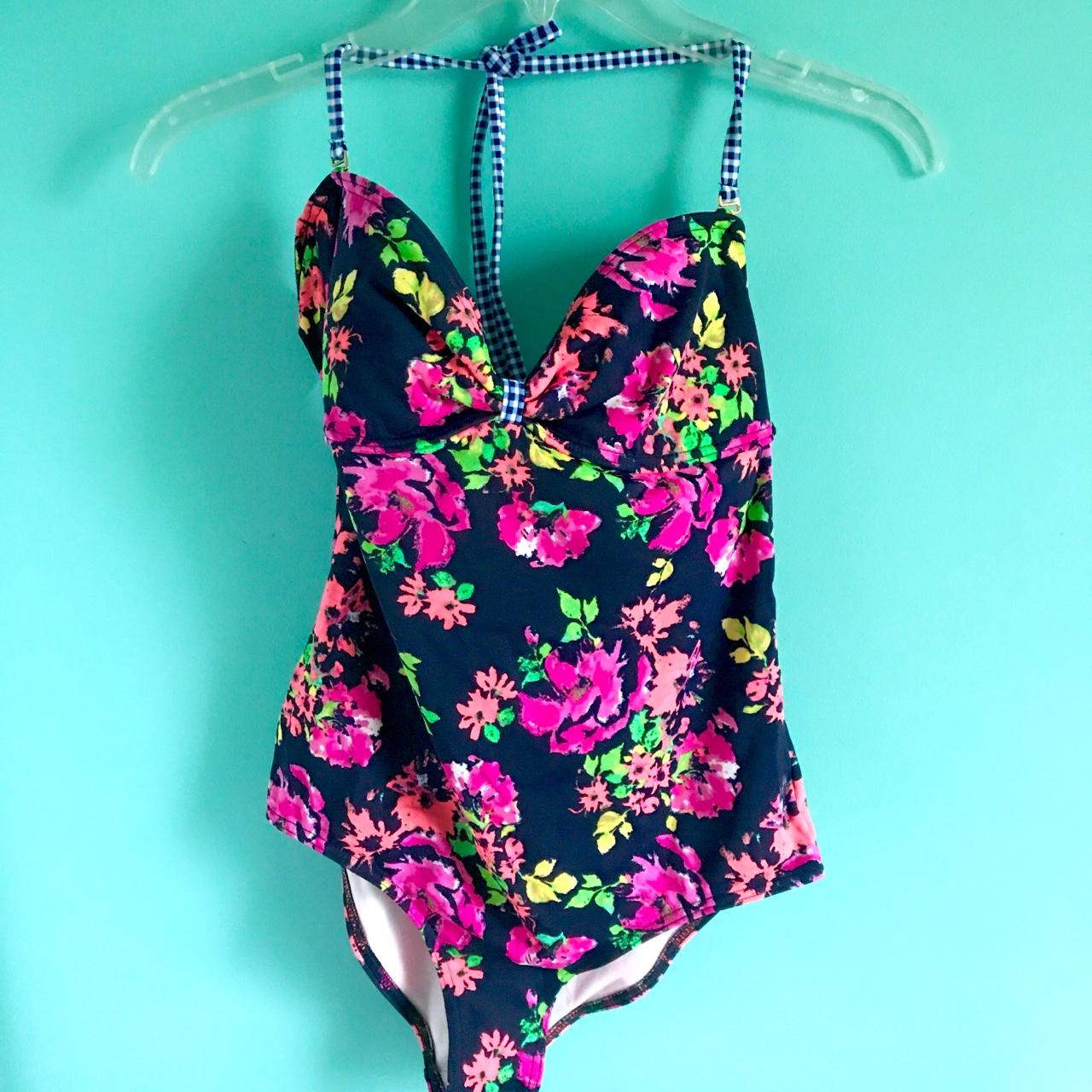 Navy blue floral print swimsuit with gingham straps.... - Depop