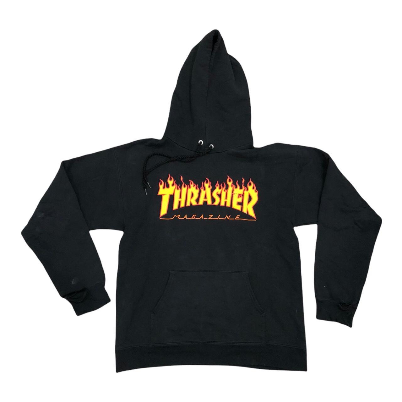 Thrasher Flame Logo Black Hoodie Size: Small Pit... - Depop