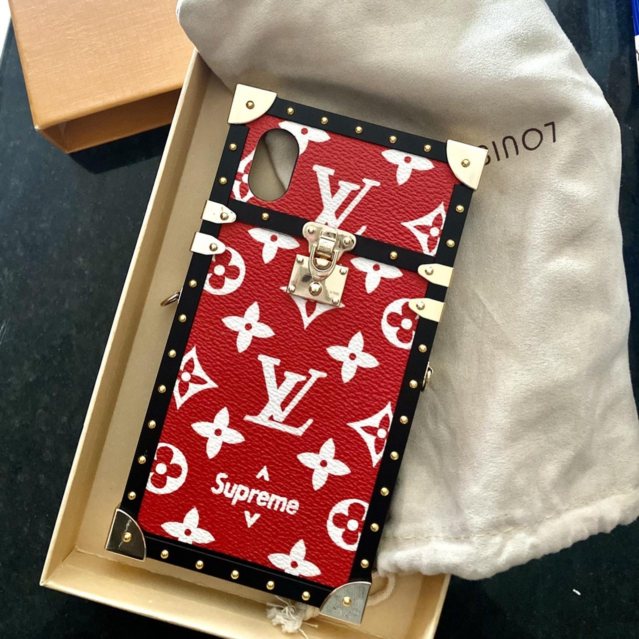 Supreme x LV IPhone 7/8 plus. Red Leather Folio - Depop