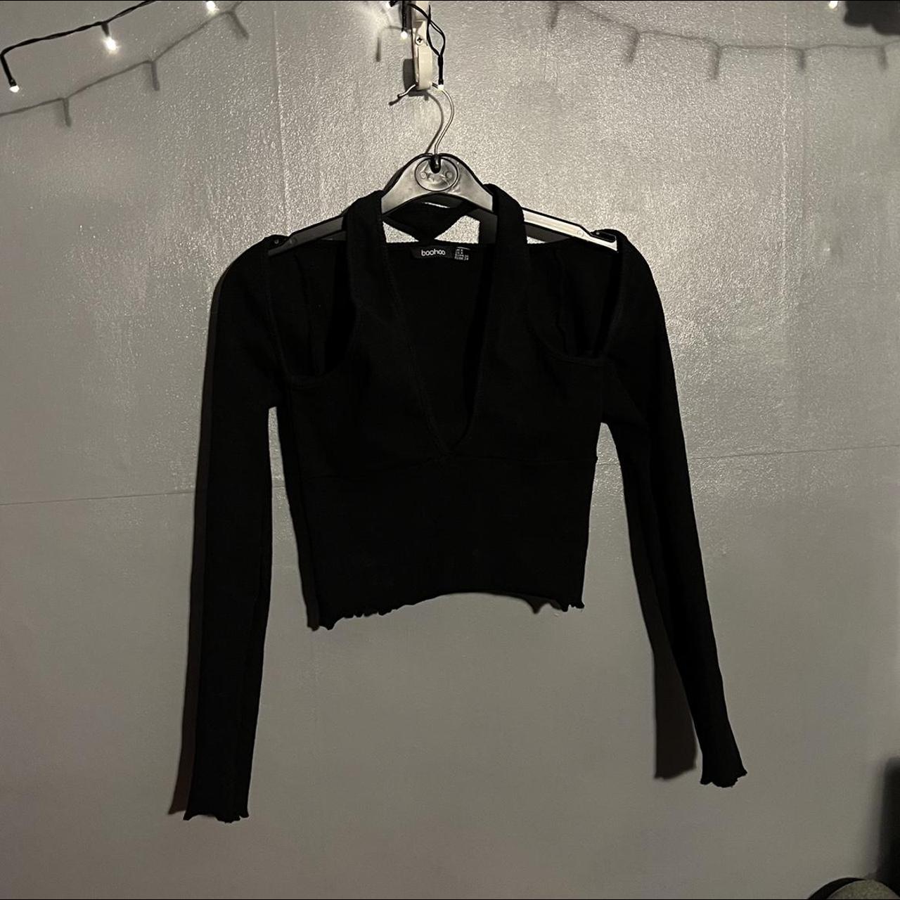 Black Ribbed Long Sleeve Crop Top With Cut Out Depop