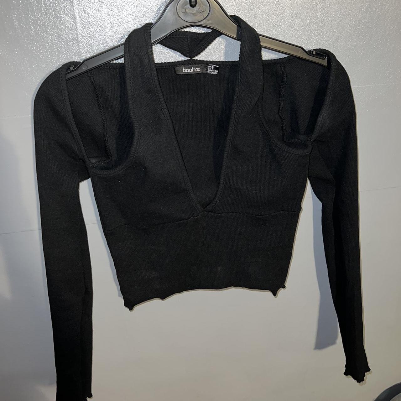 Black Ribbed Long Sleeve Crop Top With Cut Out Depop