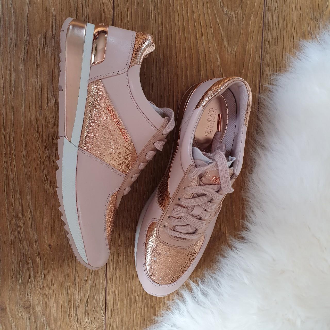 Michael Kors Georgie Trainer Metallic Woven Leather Rose Gold Shoes US 7.5  Women, image size:1280x1280