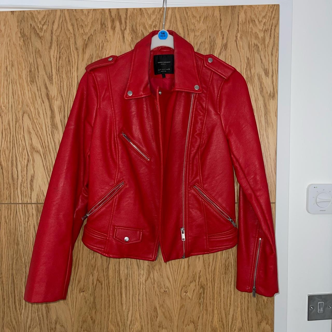 Zara Red Faux Leather Biker Jacket Size S very... - Depop