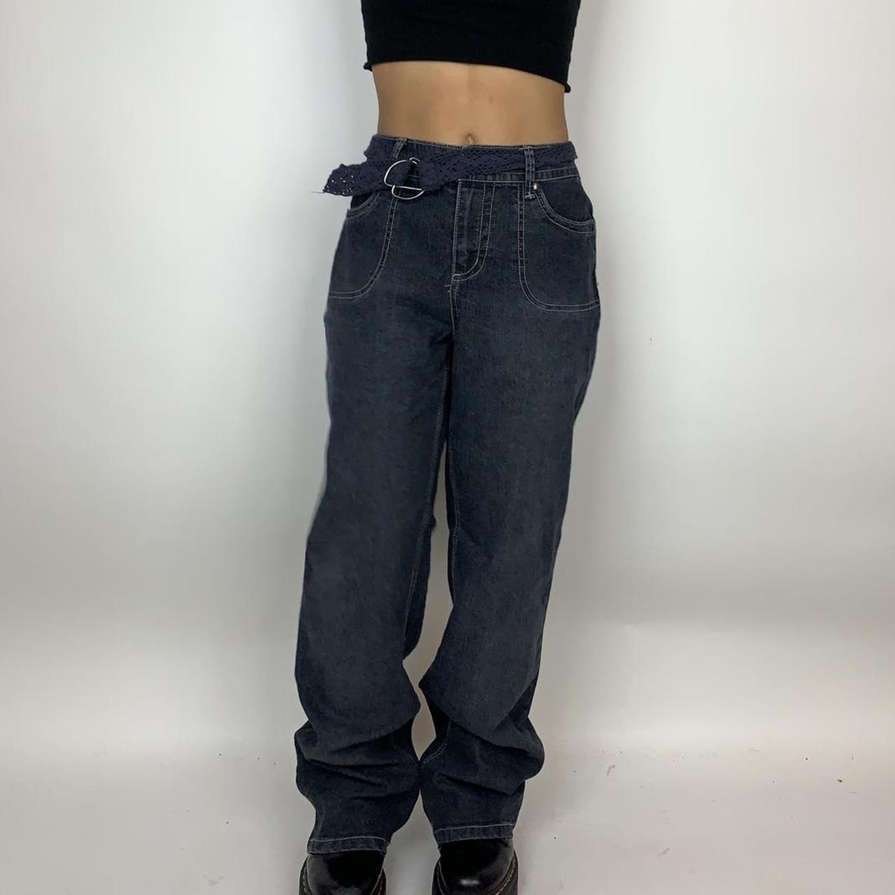 Vintage Dark Blue Cybercore Flare Wide Pants / Jeans... - Depop