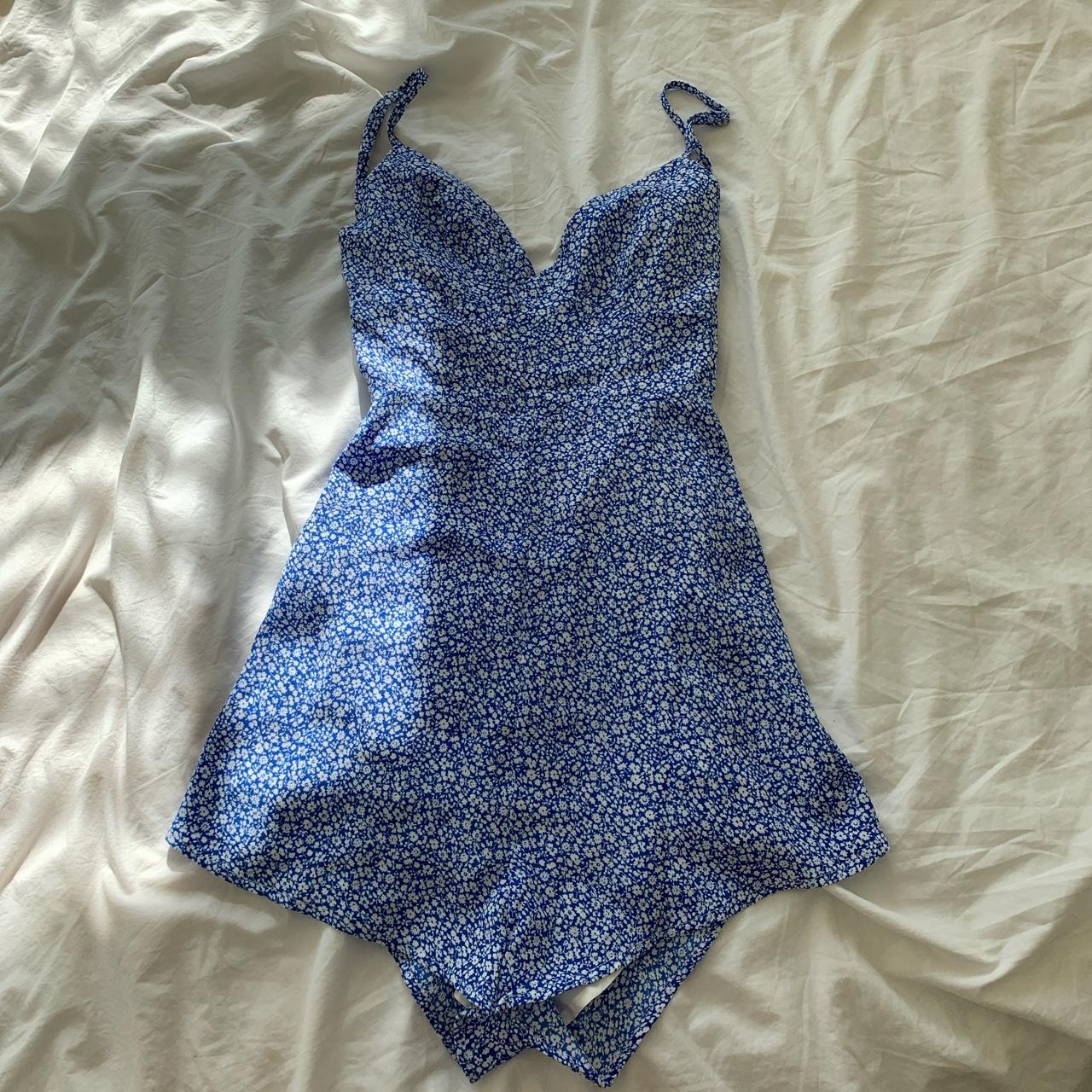Princess Polly Women's Blue and White Playsuit-romper | Depop