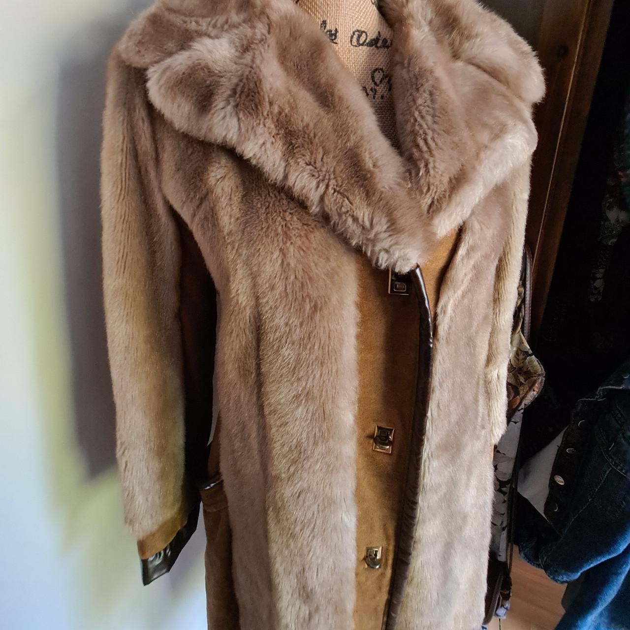 Vintage faux fur mid length coat. Caramel with... - Depop