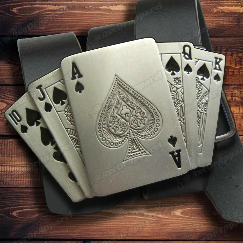 Medium BBe34 Skull w/ Royal Straight Flush Poker Cards Belt Buckle 
