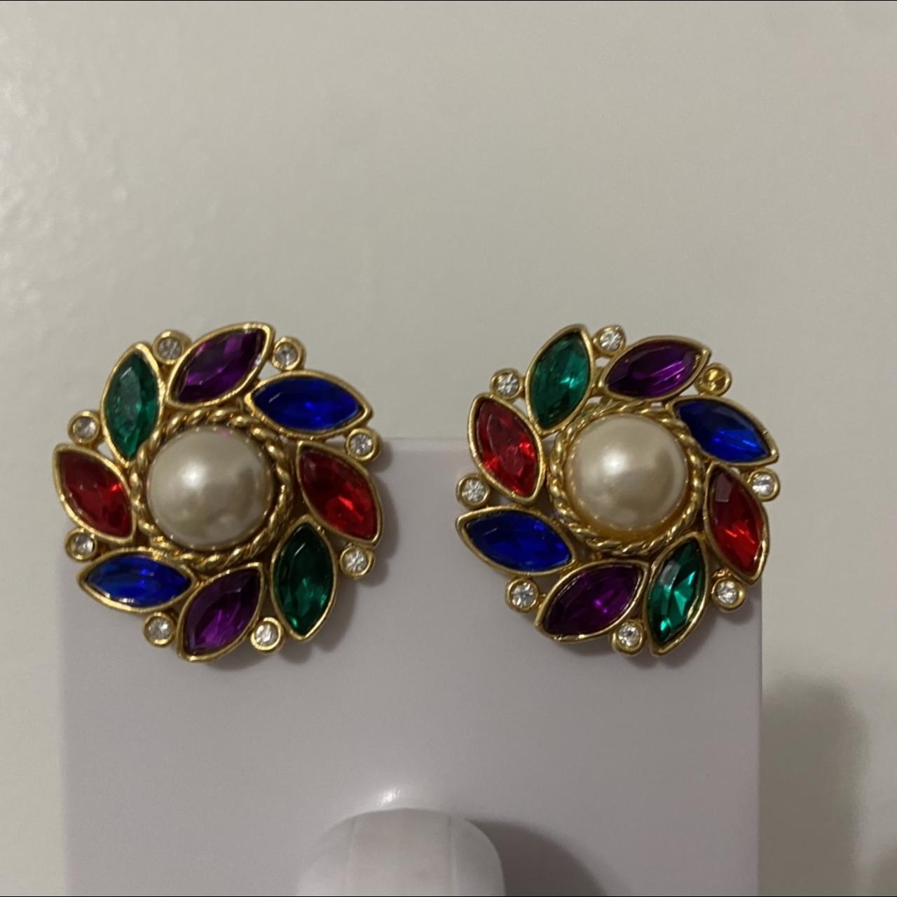 vintage retro multi colored clip on earrings with... - Depop