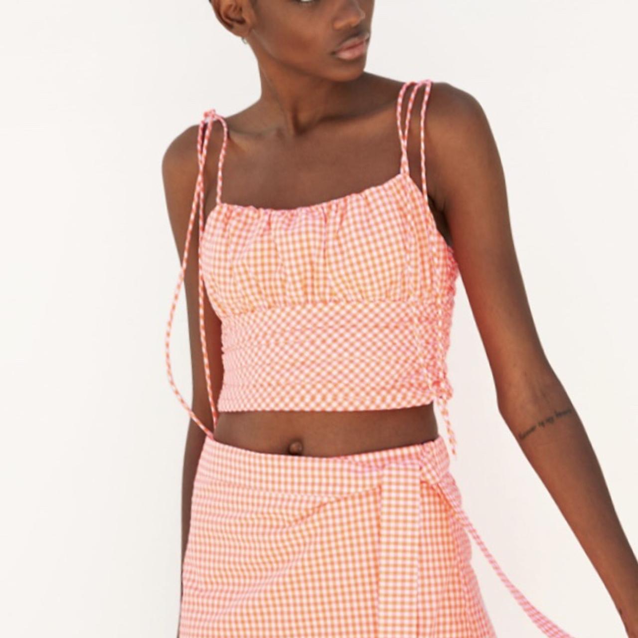 Never Worn Zara Gingham Crop Top In Neon Pink Orange Depop