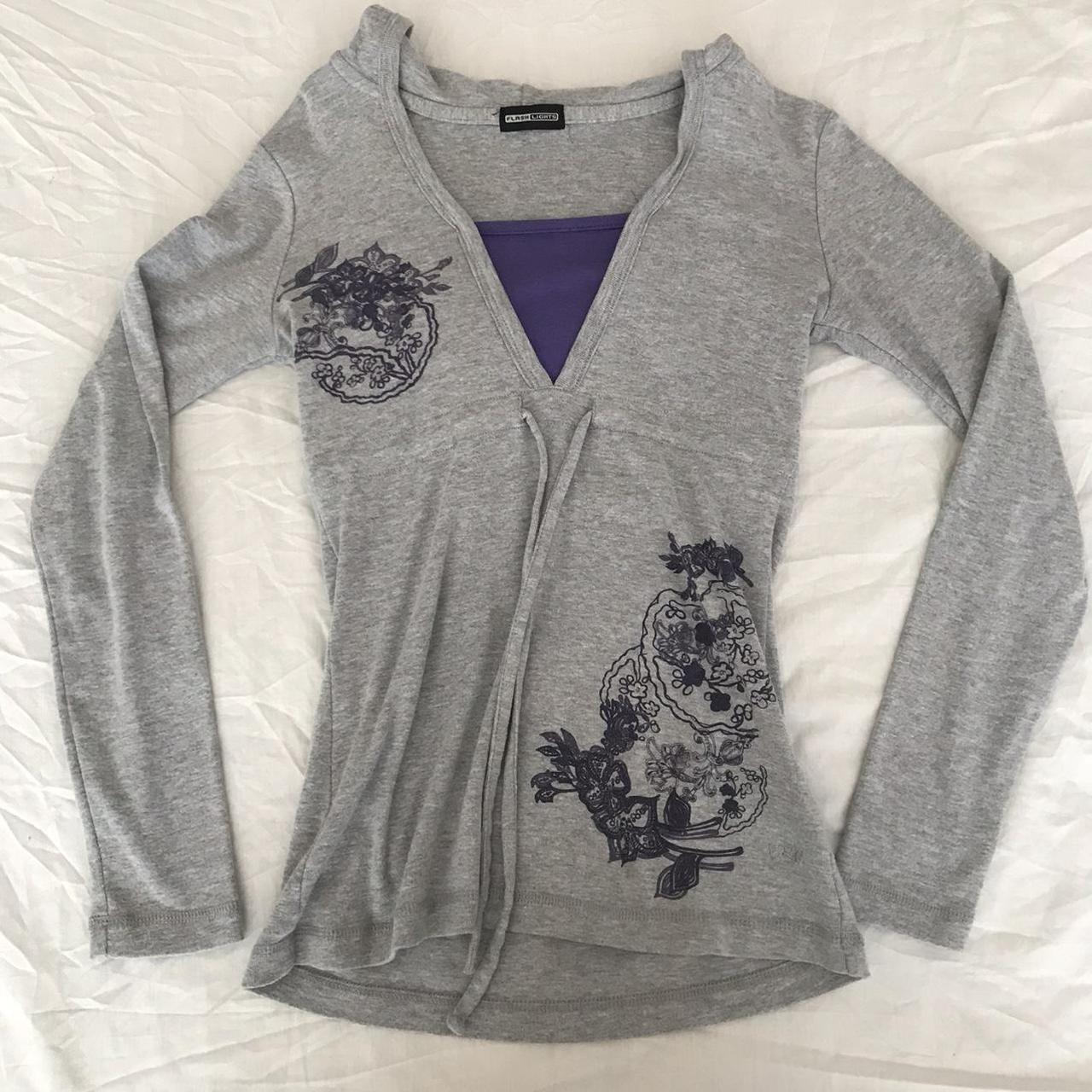 Grey Long Sleeve Top With Purple Graphic Has Draw Depop