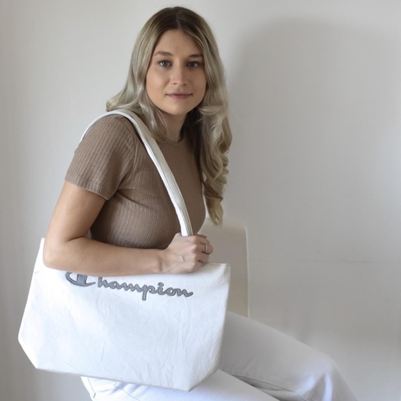 Champion Reworked Tote Bag. White and Grey. Depop
