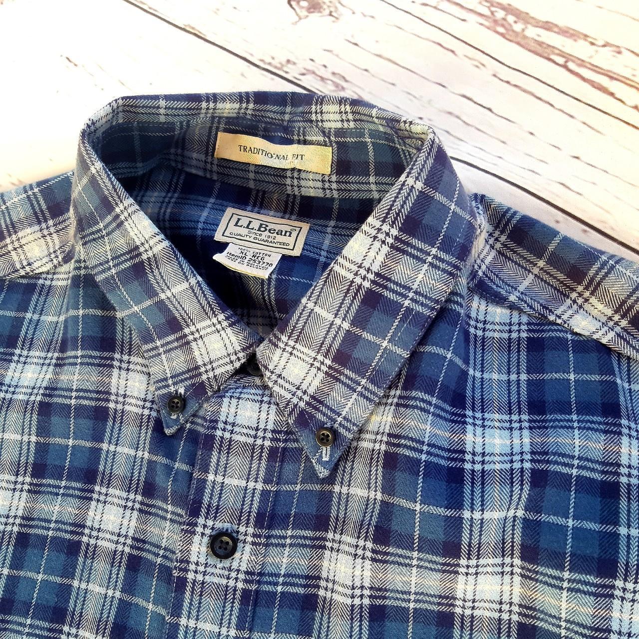 Vintage LLBean flannel shirt blue white checked... - Depop