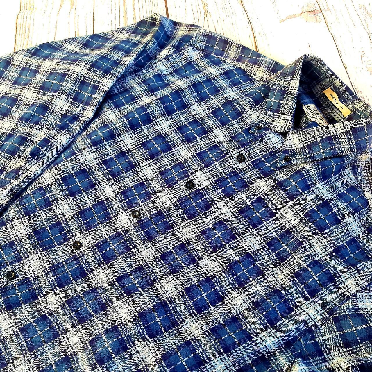 Vintage LLBean flannel shirt blue white checked... - Depop