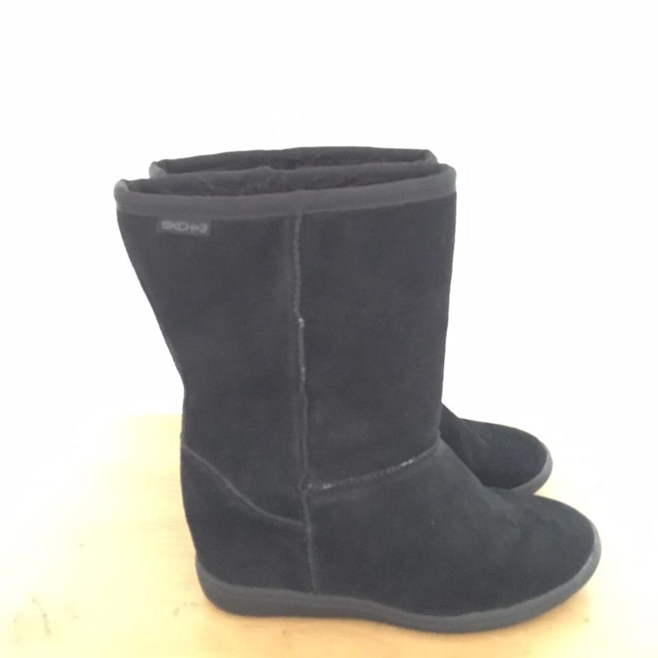 Skechers black fur lined mid calf suede wedge heel... - Depop