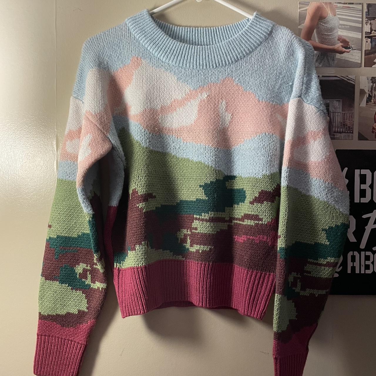 wild fable stretchy cropped sweater with a landscape... - Depop