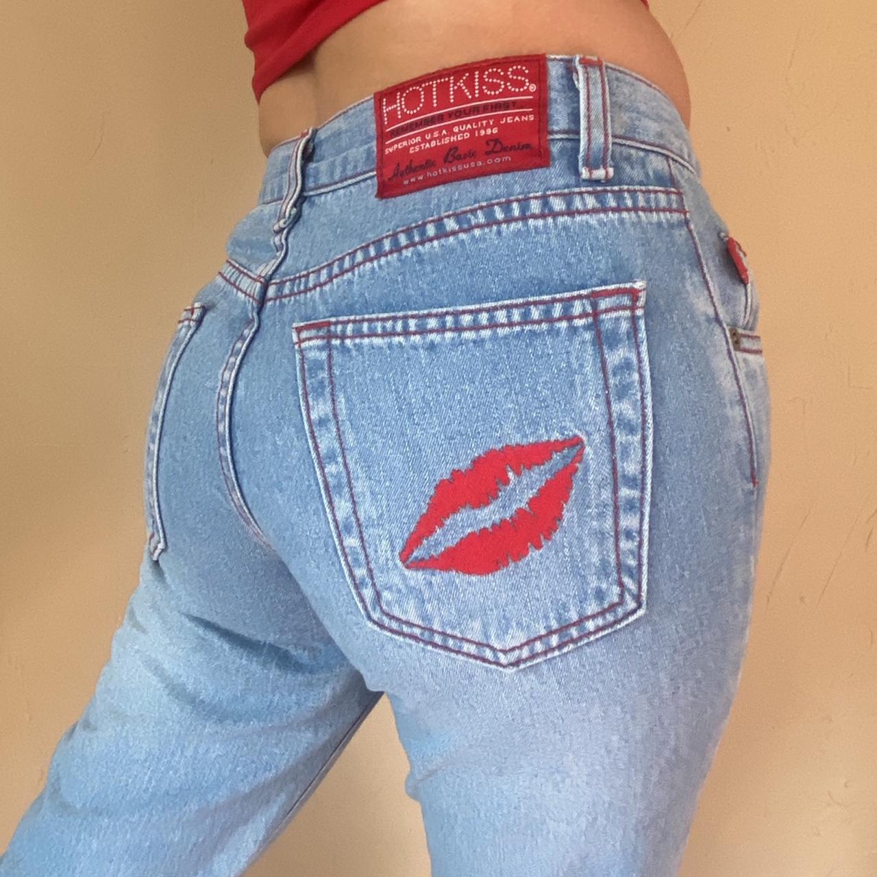 Hot Kiss Women's Blue and Red Jeans | Depop