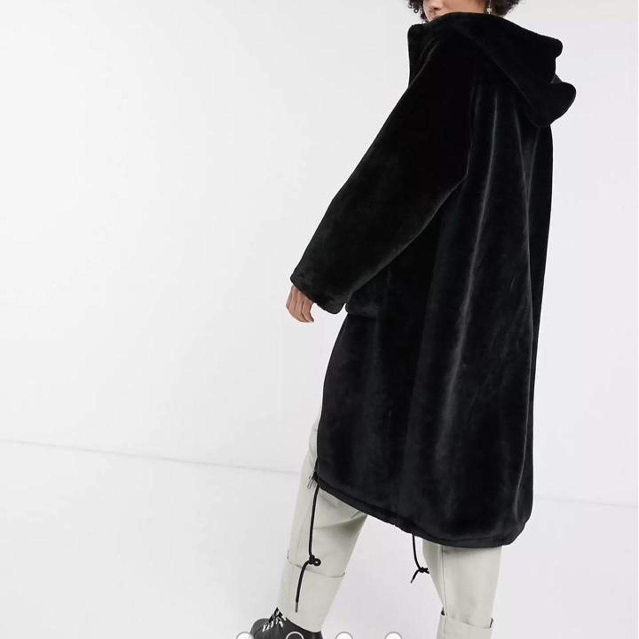 monki hooded faux fur coat