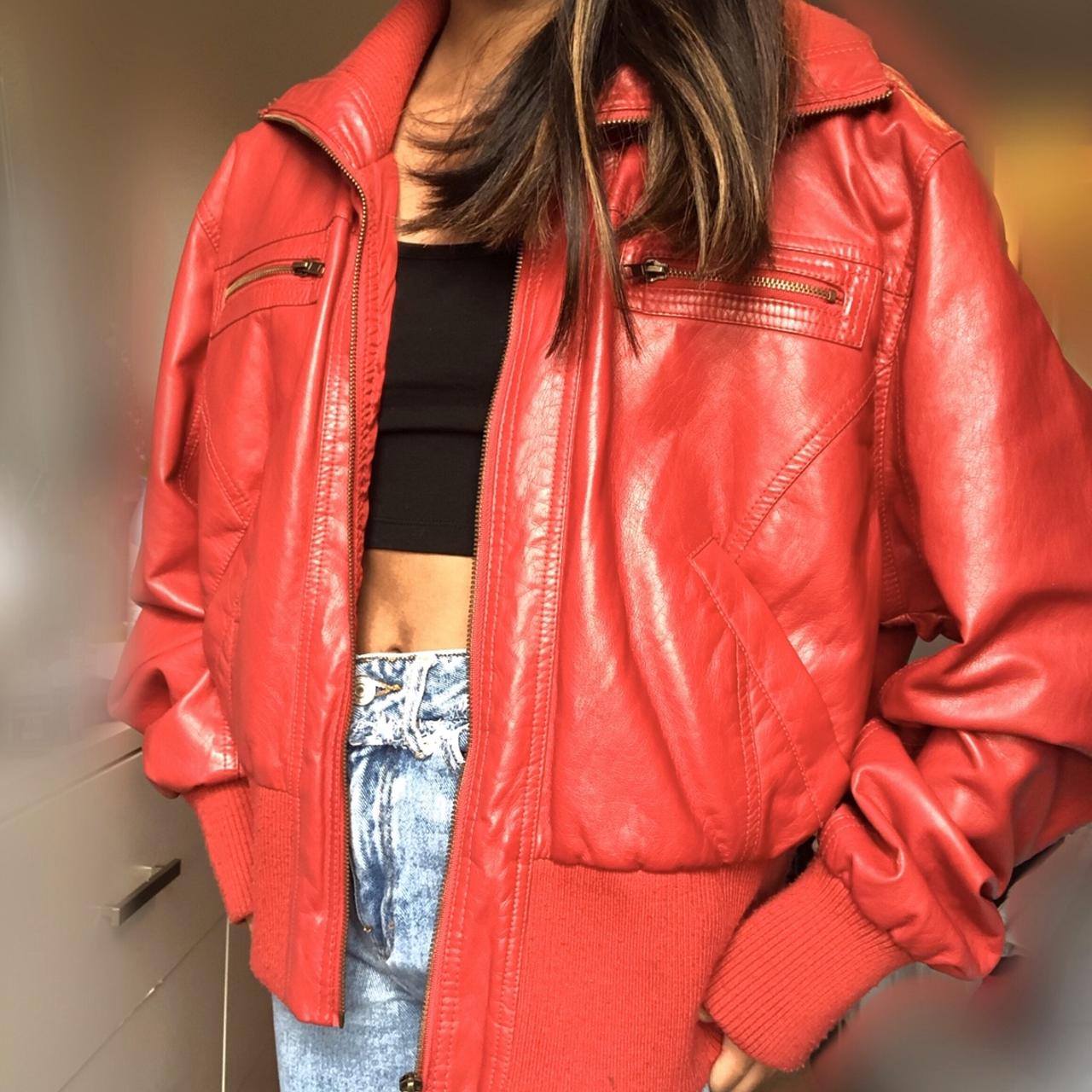 RED GENUINE LEATHER BOMBER JACKET tag says 2X but... Depop