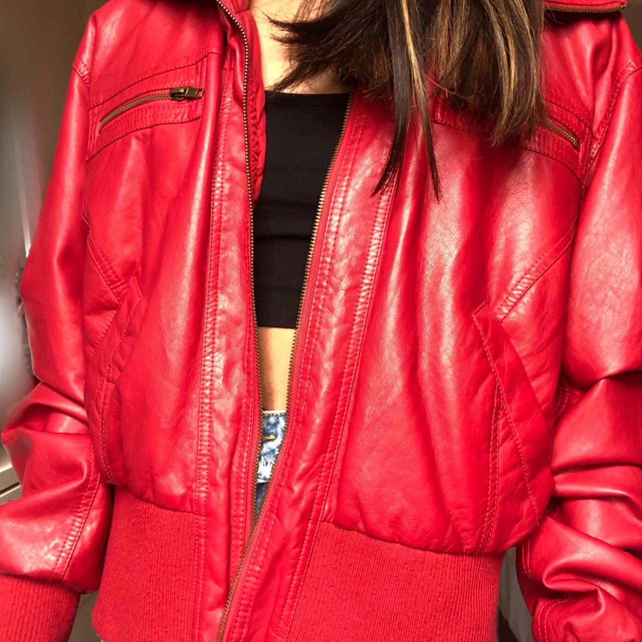 RED GENUINE LEATHER BOMBER JACKET tag says 2X but... Depop