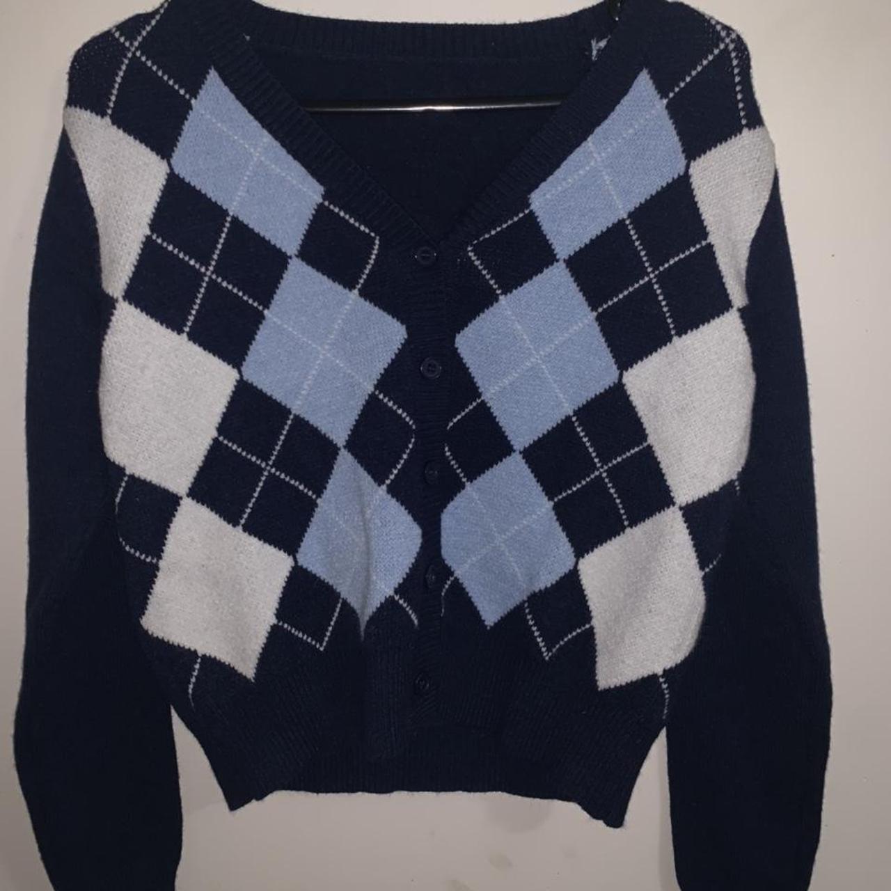 Blue argyle cardigan. This has been worn once and... - Depop