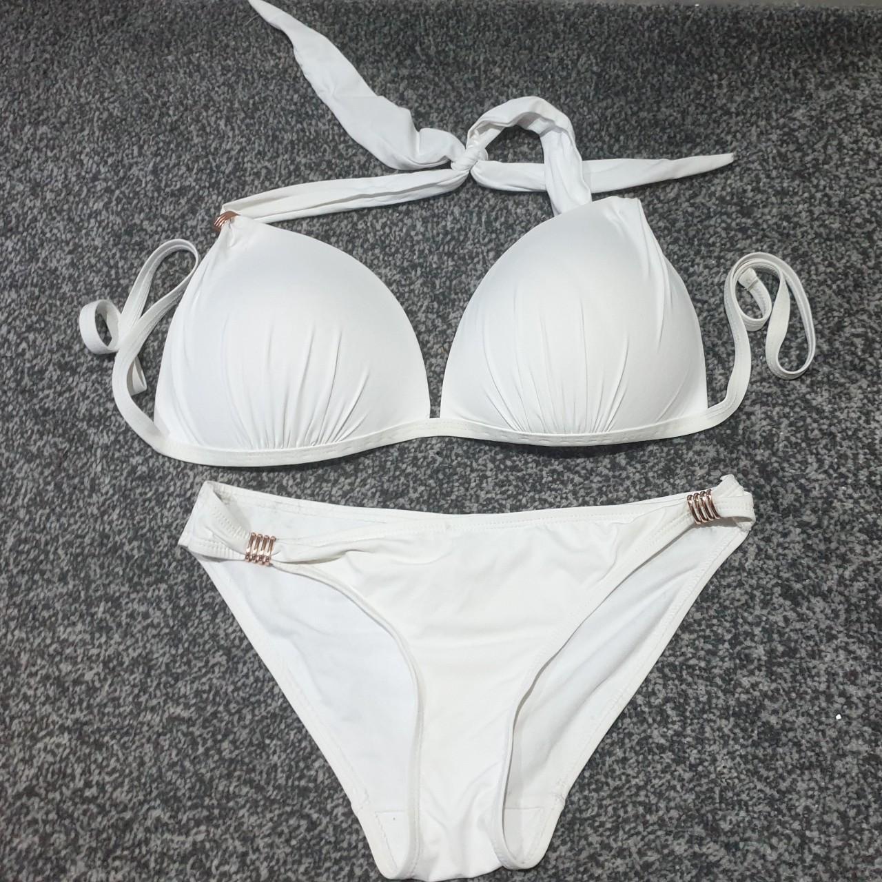 White tie bikini with gold accents. Padded triangle... Depop