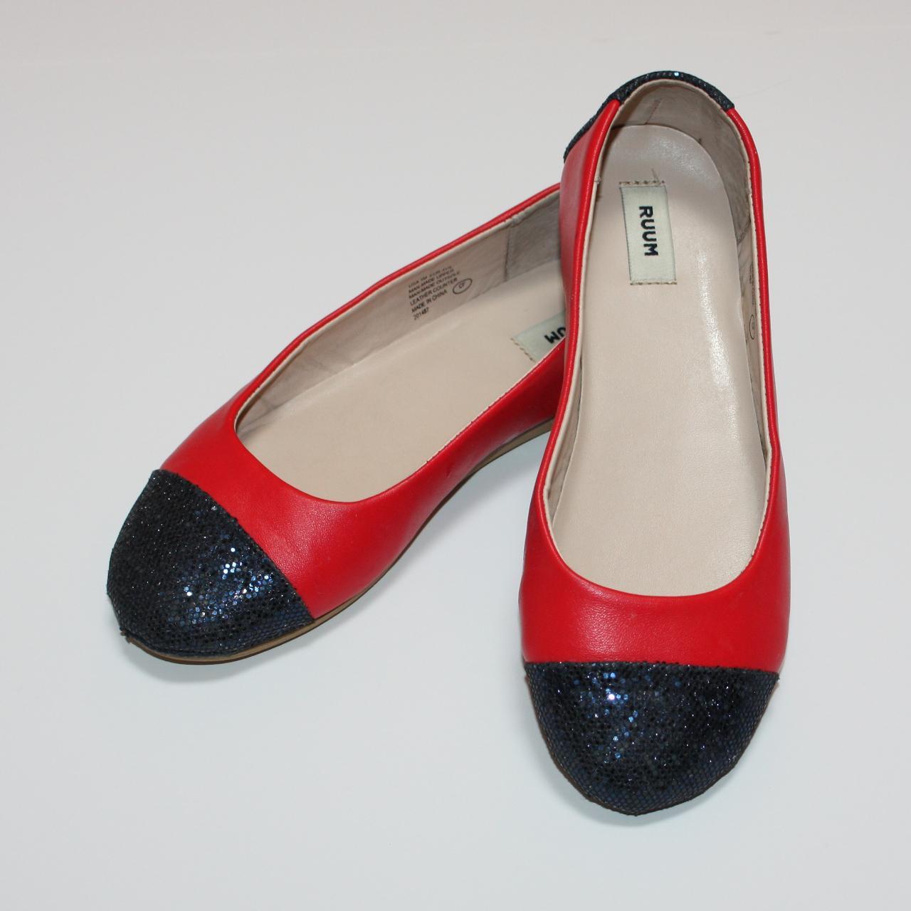 Ruum Girl's Red Flats Shoes with Sparkle Blue Toes... Depop